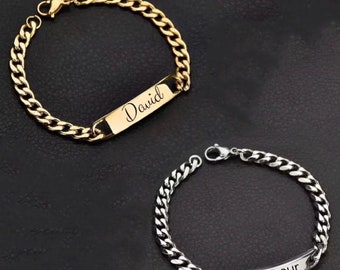 Bracelet Homme Personnalisable En Acier Inox 316L - Gourmette Avec Plaque Gravée, Cadeau Anniversaire, Fête Des Pères