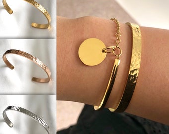 Bracelet femme, Jonc martelé bracelet femme en acier inoxydable doré argenté ou rose gold