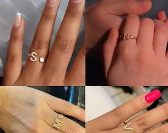 Letter ring, Initial ring with zircon, rhinestone alphabet ring personalized birthday gift, jewelry woman best friend mom