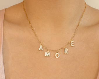 Collier initiale lettre strass zircon doré collier prénom alphabet,collier personnalisé, cadeau d’anniversaire, bijoux femme, meilleure amie