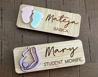 Bamboo Name Badges with 3D acrylic for Midwives, Student Midwives, Doulas, Doctors, Nurses