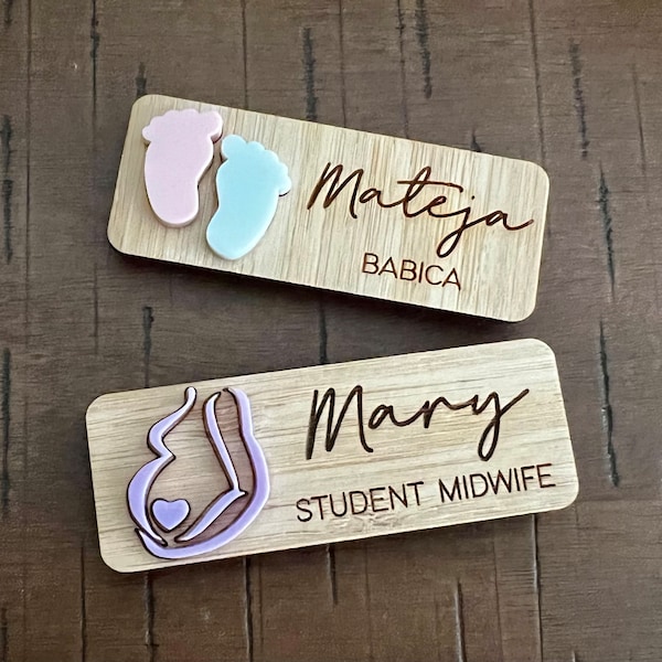 Badges nominatifs en bambou avec acrylique 3D pour sages-femmes, étudiants sages-femmes, doulas, médecins, infirmières