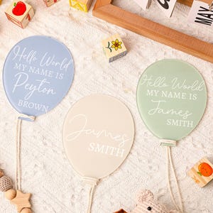 Stat de naissance en forme de ballon acrylique personnalisé, bonjour tout le monde, faire-part de nouveau-né d'hôpital, signe acrylique de faire-part de nom, cadeau pour une nouvelle maman