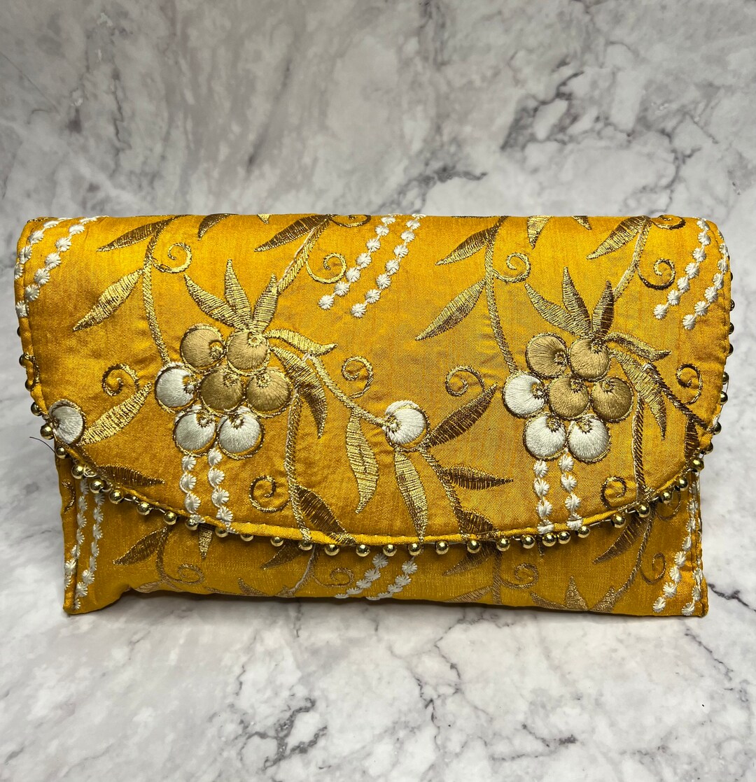Floral Embroidery Clutch Bag With Shoulder Chain Etsy