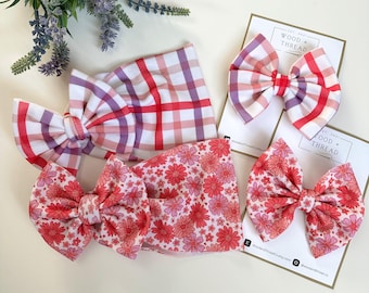 Pink flowers baby bow | pink and purple hair bow | flower headwrap bow | pink plaid bow | spring flowers hair clip bow | floral babyheadwrap