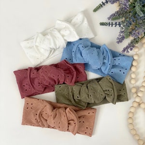 Eyelet baby bow | eyelet headwrap | Baby tie bow | baby blue eyelet bow | solid color bow | tied girl headband | sage eyelet | eyelet fabric