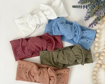 Eyelet baby bow | eyelet headwrap | Baby tie bow | baby blue eyelet bow | solid color bow | tied girl headband | sage eyelet | eyelet fabric