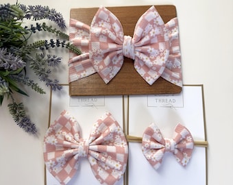 Beige checkered Headwrap | tan checkered daisy hair bow | baby checkered bow | flowers and checkered girl bow | neutral hair bow | checked