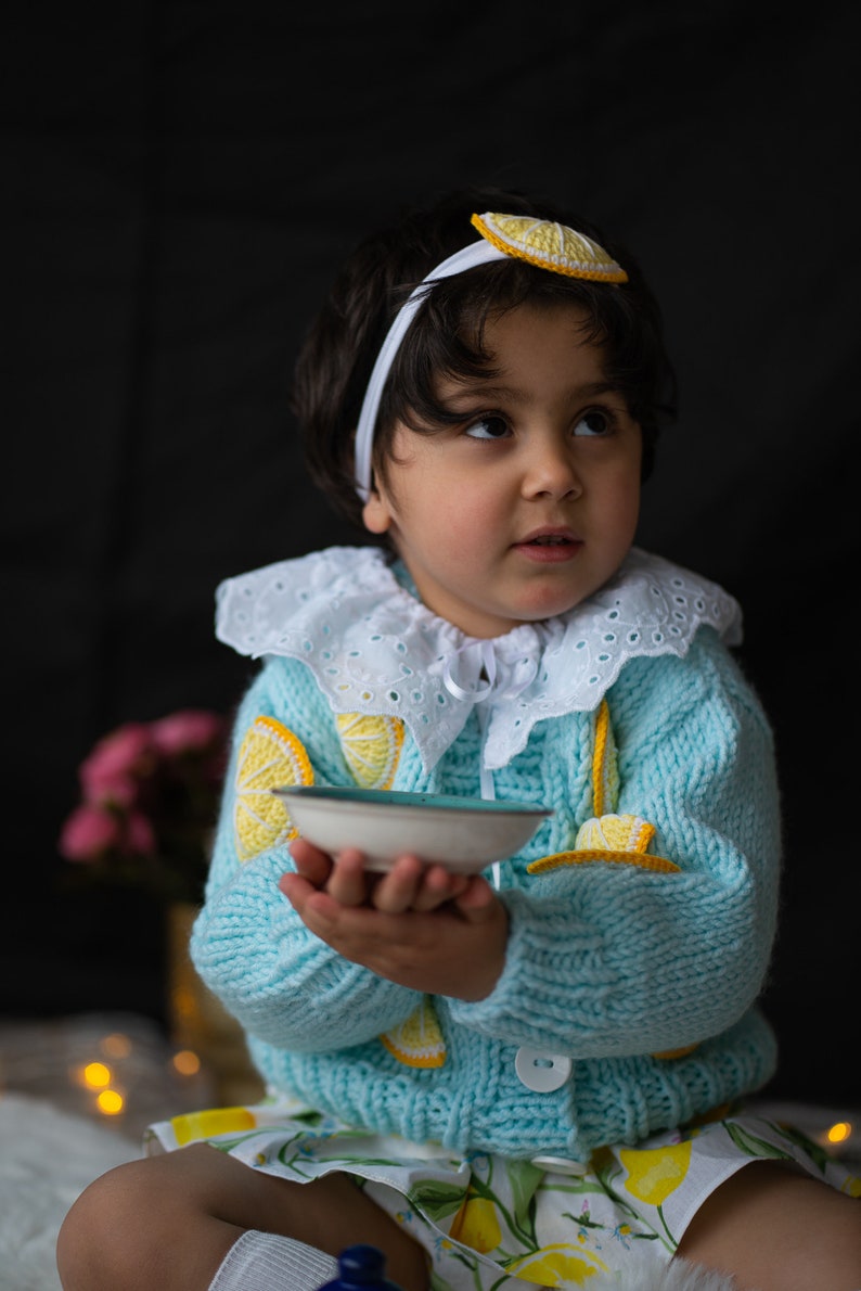 Lemon Baby Girl Knit Cardigan Sweater Jacket, Kids Toddler Fruit Print