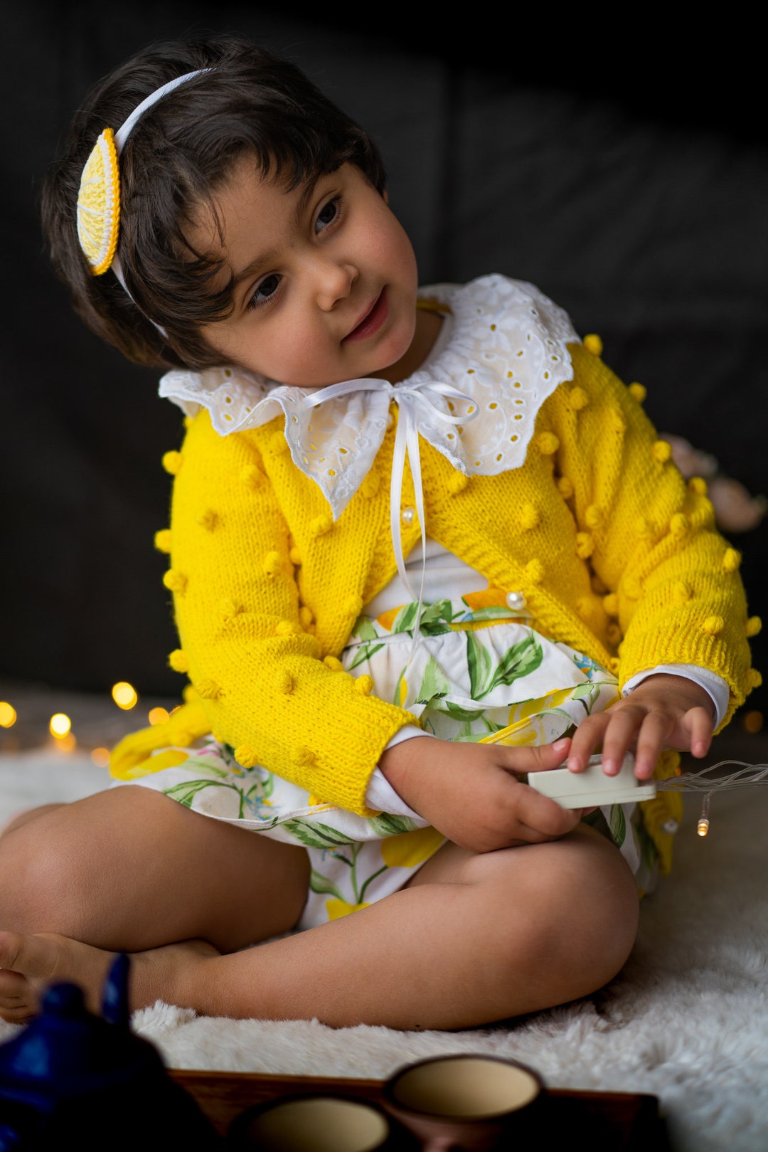 Knit Baby Cardigan Sweater, Pompom Cotton Handmade Kids Clothes, Baby Shower Newborn Gift