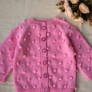 Knit Baby Cardigan Sweater, Pompom Cotton Handmade Kids Clothes, Baby shower newborn gift, Sweater Cardigan for girls and boy Warm Outfit image 3