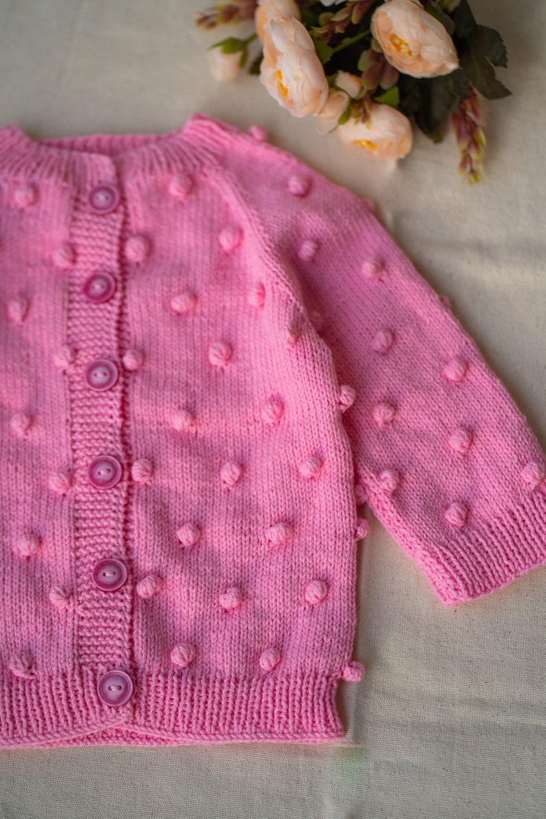 Knit Baby Cardigan Sweater, Pompom Cotton Handmade Kids Clothes, Baby shower newborn gift, Sweater Cardigan for girls and boy Warm Outfit image 4