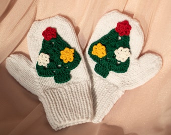 Knit Mitten Gloves Kids Toddler, Christmas Pine tree Wool Handmade Knitwear, Baby shower newborn gift, Winter clothes for girl boy Warm