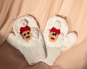 Knit Mitten Gloves Kids Toddler, Christmas Santa Cotton Handmade Knitwear, Baby shower newborn gift, Winter clothes for girl boy Warm Outfit