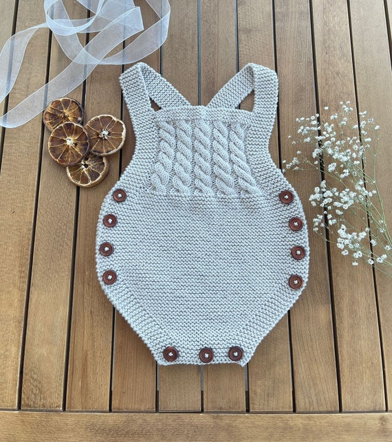 Knit Baby Overalls: Beige Cotton Handmade Jumpsuit