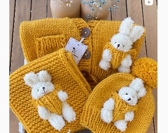 Teddy Bear Kids Cardigan Sweater Jacket Wrap Winter Hat Set, Kids Baby Animal Print Handmade Clothes, Baby shower newborn gift, Warm Outfit