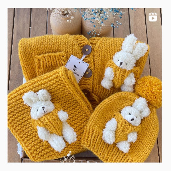 Teddy Bear Kids Cardigan Sweater Jacket Wrap Winter Hat Set, Kids Baby Animal Print Handmade Clothes, Baby shower newborn gift, Warm Outfit