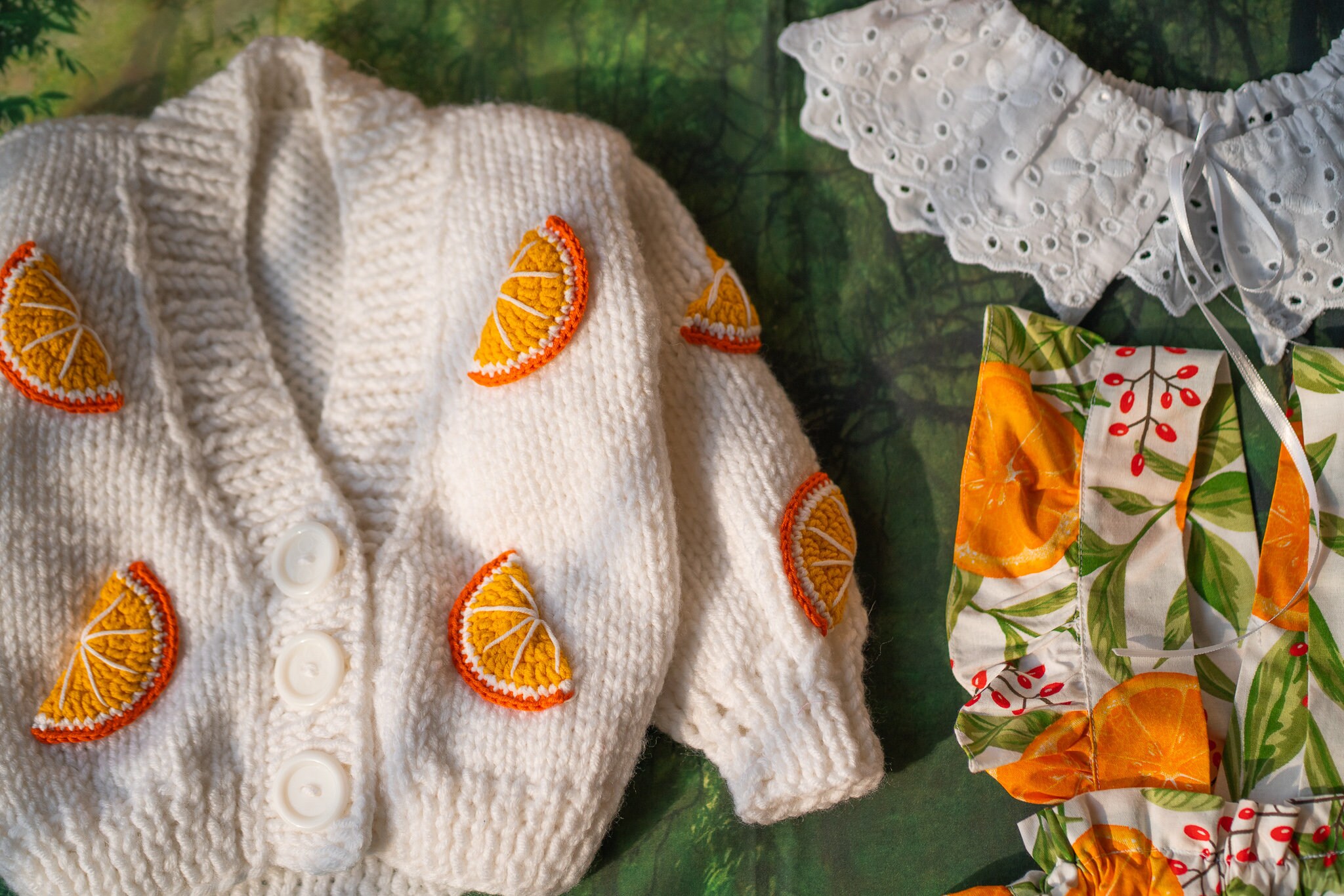 Handmade Knit Cotton Cardigan: Orange Fruit Print Sweater Handmade Knit Cotton Cardigan: Orange Fruit Print Sweater