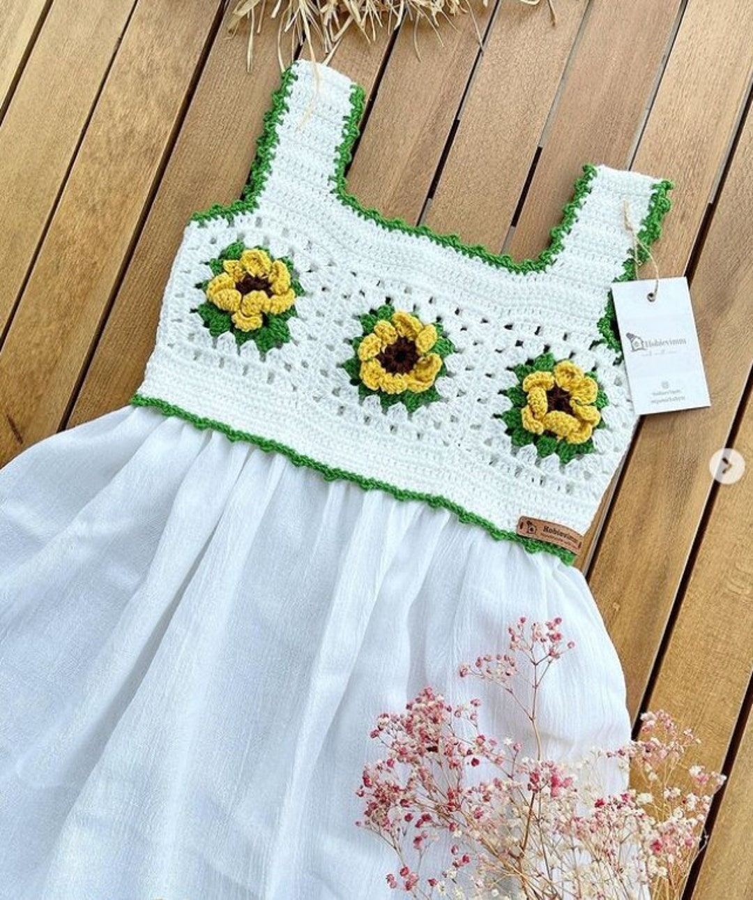 crochet sunflower dress Summer Crochet Sunflower Girl Dress with Headscarf 2