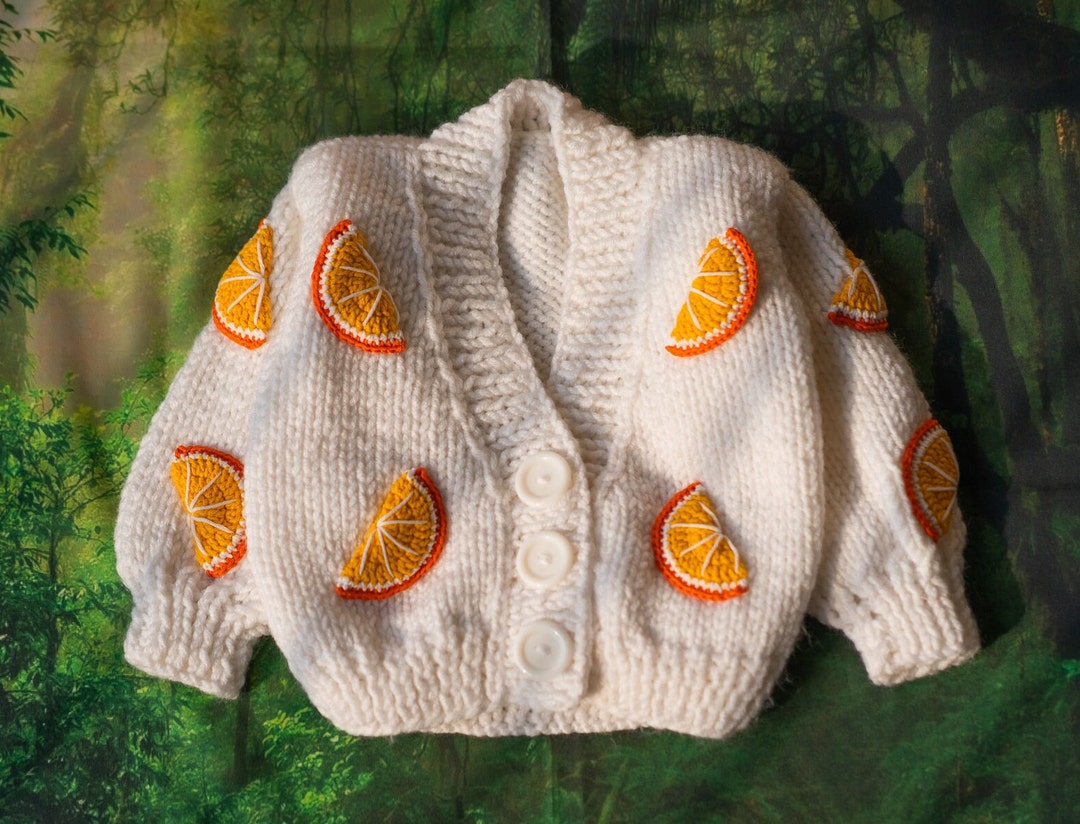 Handmade Knit Cotton Cardigan: Orange Fruit Print Sweater Jacket