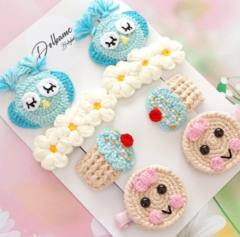 Crochet Hair Clip Set: Handmade Cotton Owl, Cookie, Flower