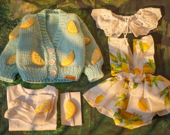 Lemon Baby Girl Knit Cardigan Dress 6 pcs Set, Kids Toddler Fruit Print Handmade Clothes,Baby shower newborn gift, Sweater for girls and boy