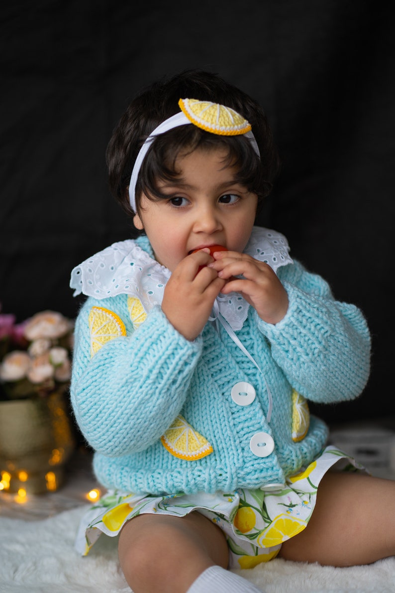 Lemon Baby Girl Knit Cardigan Sweater Jacket, Kids Toddler Fruit Print
