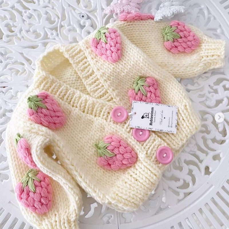 Babyhug Organic Cotton Knit Full Sleeves Sweater Set with Cap Strawberry Design - Pink & White