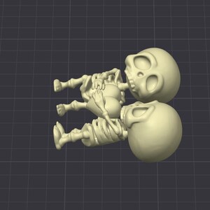 May include: Two small, white, cartoon skeletons are hugging each other. The skeletons are lying on their sides with their heads facing the same direction. The skeletons have large, round eyes and small, black mouths.