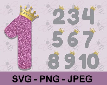 May include: A set of ten numbers, 1 through 10, with a glittery pink number 1 and gray numbers 2 through 10. Each number has a gold crown on top. The background is a light purple with a pattern of bees.