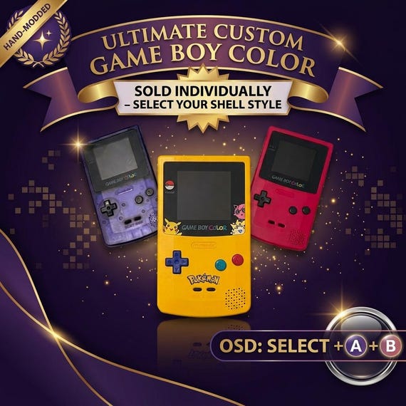 Custom Game Boy Color IPS Console – Laminated HD Backlight Screen, Re-Shelled Vintage GameBoy (Choose Shell Style)