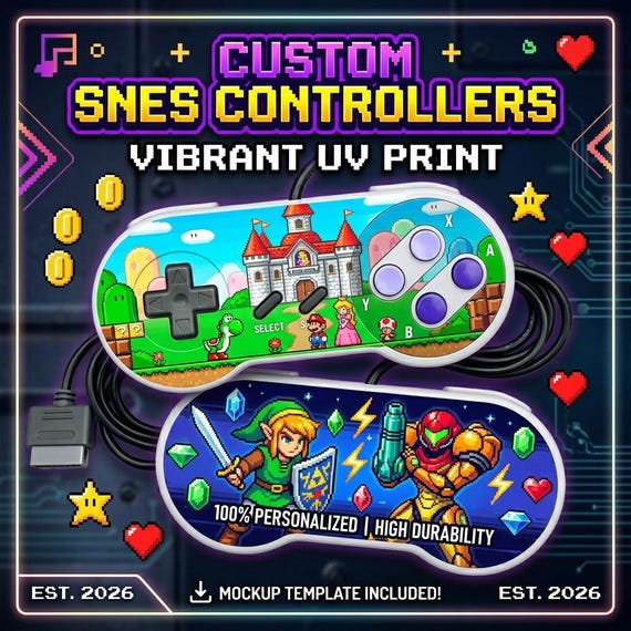 Custom UV Printed SNES Controller - Personalized Super Nintendo Gamepad with Your Custom Art or Photo (Front & Back Printing Options)