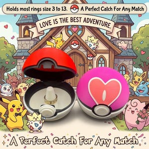 May include: Two ring boxes, one red and one pink, with a white and black base. The red box is open, displaying a gold ring. The pink box features a heart design. Text reads "Holds most rings size 3 to 13" and "Love is the best adventure."