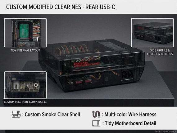 Restored NES Console: Custom Smoke Clear Shell, Multi-Color Wire Harness, USB-C Power Upgrade