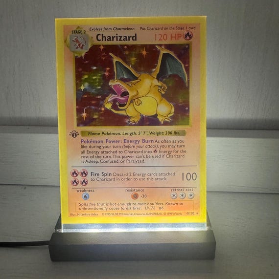 Light Up 1st Edition Charizard Acrylic Desk Display – LED Wooden Stand Pokemon Card Night Light – Holographic Style Anime Collectible Gift