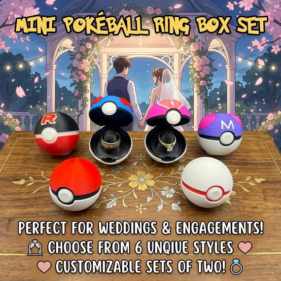 Pokeball Ring Box Set of 2 - 3D Printed Wedding & Proposal Box (Fits US Sizes 3-13) 6 Styles