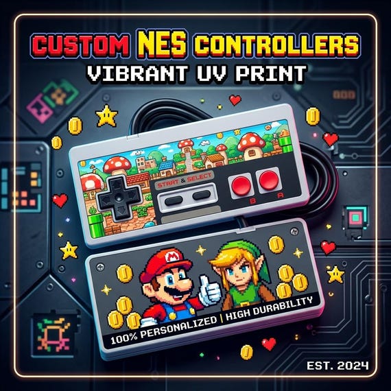 Custom UV Printed NES Controller - Personalized Retro Gamepad with Your Custom Art or Screenshot (Front & Back Printing Options)