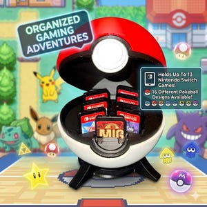 May include: A red and white Poké Ball-shaped storage case for Nintendo Switch game cartridges. The case is open, revealing several game cartridges inside. Text on the case reads "Organized Gaming Adventures." The case holds up to 13 games and is available in 16 designs.