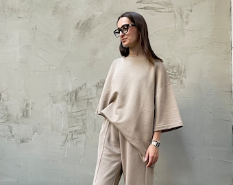 Oversized T-shirt in Taup Handmade from Cotton and Polyester for Women