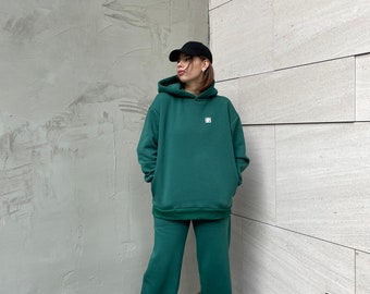 2 piece Set Hoodie Travel OverSize with Wide Leg Pants Classy Handmade from Cotton and Polyester, Relaxed Fit, Pullover Sweatshirt for Woman
