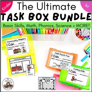 Pode incluir: Um conjunto de caixas de tarefas educativas coloridas para crianças. A imagem apresenta caixas de tarefas com etiquetas como "Community Helpers" e "Cutting Skills". As caixas contêm atividades de aprendizagem, incluindo exercícios de correspondência e corte. O texto "The Ultimate Task Box Bundle" é exibido no topo.