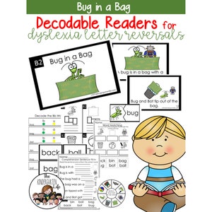 May include: A printable set of educational resources for teaching reading to children with dyslexia. The set includes a decodable reader about a bug in a bag, a word matching activity, and a comprehension sentence activity. The reader features a green bug and a brown bag.