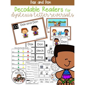 May include: A printable set of educational resources for dyslexia, featuring a cartoon illustration of two boys named Dax and Don. The set includes a decodable reader, a word matching activity, and a comprehension worksheet. The text "Dax and Don" is featured in the title of the resource.
