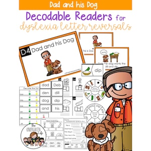May include: A printable worksheet for kids with dyslexia featuring a cartoon dad and dog. The worksheet includes a reading passage, word matching, and sentence writing activities. The text on the worksheet says "Dad and his Dog".