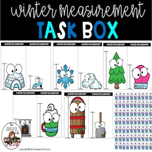 May include: A printable winter measurement task box with colorful illustrations of winter-themed objects like snowmen, igloos, and mittens. The task box includes a variety of activities for children to practice measuring skills.