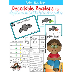 Puede incluir: Una hoja de trabajo imprimible para enseñar a los niños a leer, con un enfoque en las inversiones de letras. La hoja de trabajo presenta un personaje de murciélago de dibujos animados llamado Babs e incluye actividades como decodificar palabras, hacer coincidir palabras y completar oraciones. La hoja de trabajo está diseñada para su uso con niños que tienen dislexia.