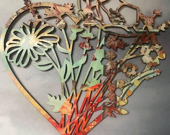 Laser-Schnitt-Holz-Herz-Wandbehang, botanische Blumenkunst, Decoupage-Dekor