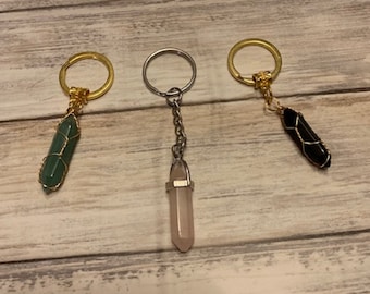 Healing Crystal Key Chain Trio - Rose Quartz, Aventurine, Obsidian Bag Charms