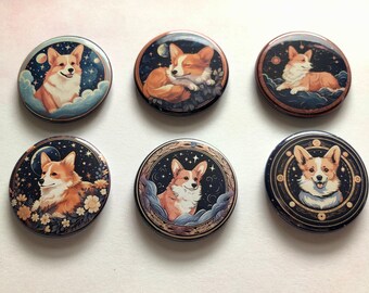 Celestial Corgi Button Pins - Set of Six Whimsical Accessories for Dog Enthusiasts