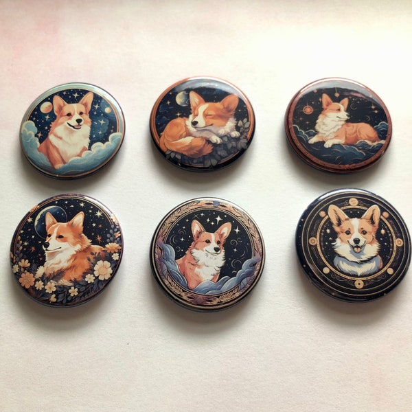 Celestial Corgi Button Pins - Set of Six Whimsical Accessories for Dog Enthusiasts